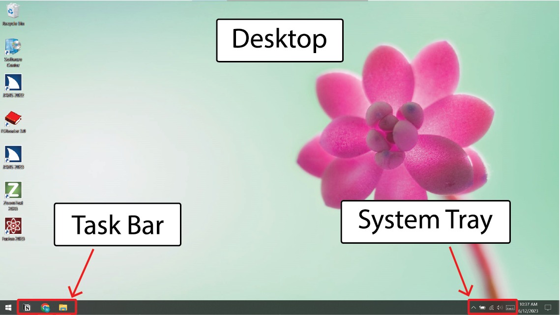 Windows Desktop with labels for Desktop (main area), Task Bar (bottom left), and System Tray (bottom right)