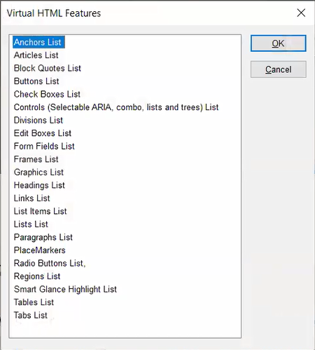 Virtual HTML Features list with many items listed in alphabetical order