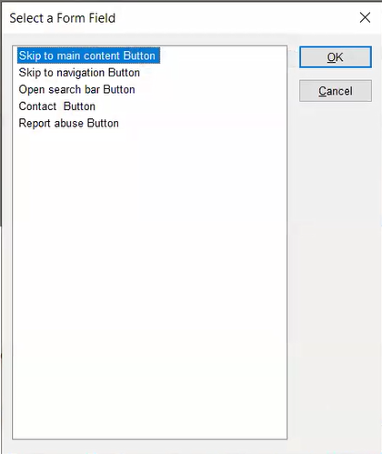 Form Field list screen shot with 5 items listed. All items listed are buttons